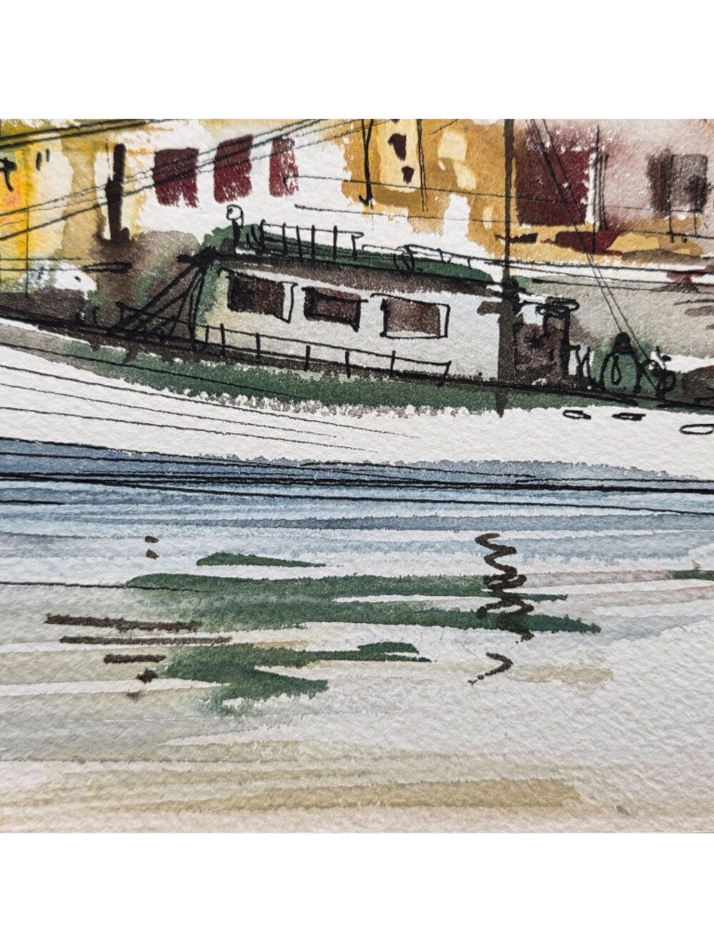 Original Watercolor Coastal Landscape Signed By Artist With Boat & Buildings - Picture 6 of 9
